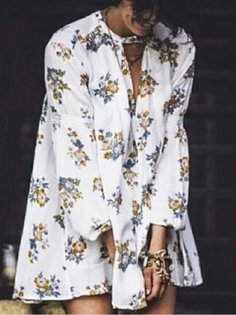 Free People Tree Swing Crepe Orchid Printed Choker Neck Tunic/Dress Gardenia Med